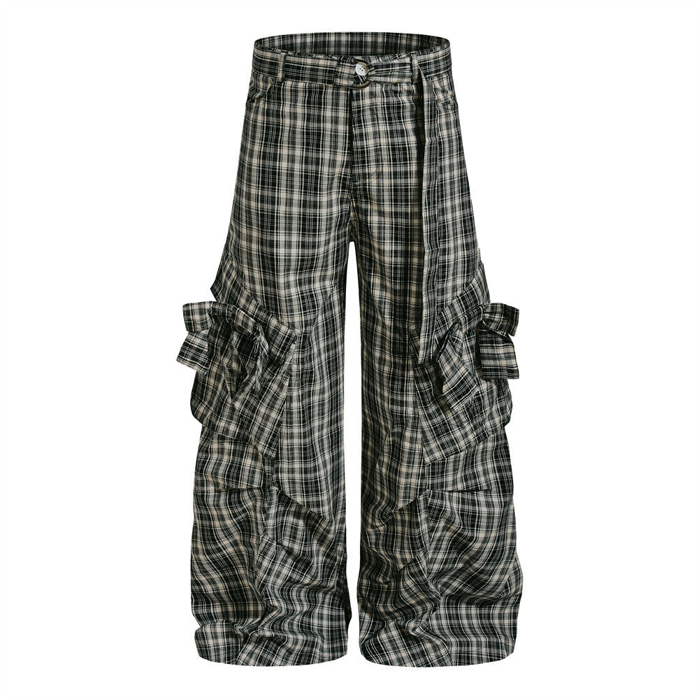 Bow tie large pocket checkered pants