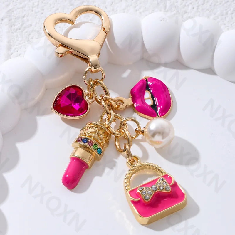 🎁 Pretty Rose Red Bag Lips Flamingos Lipstick Enamel Keychain Lovely Heart Animals Key Ring For Women Girls Handmade Jewelry Set (100% off)