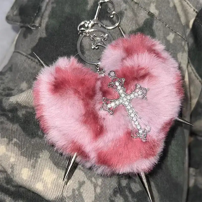 🎁 #Y2K Jewelry Pink Leopard Cross Heart Key Chain Bag Pendant Punk Grunge Rock 90s Aesthetic Fashion Goth Key Chain Accessories (100% off)
