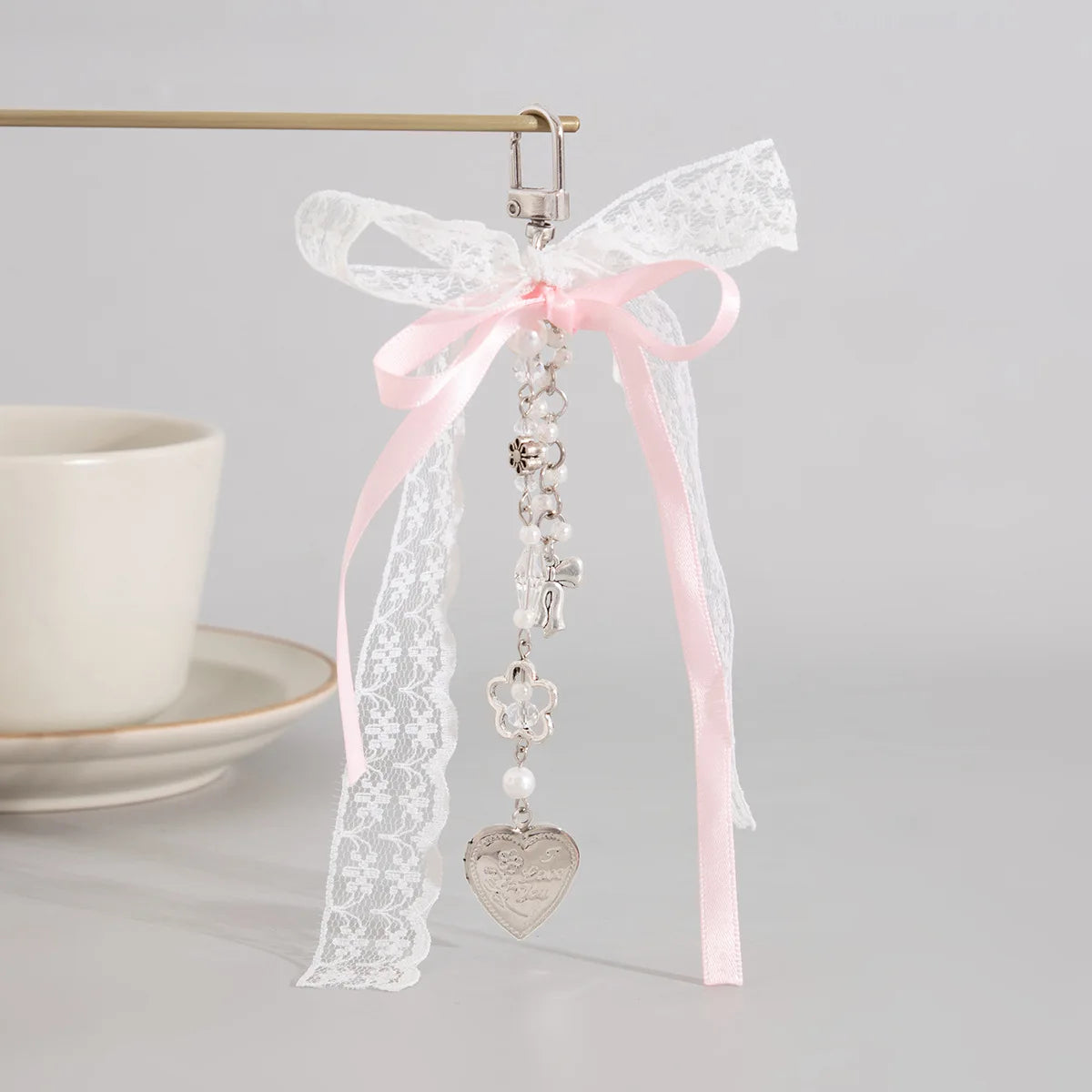 Goth Y2K Lace Leopard Bow Key Chain Heart Charm Pendant Kawaii Key Chain for Bag Accessory Women Trendy Tassel Chain Jewelry