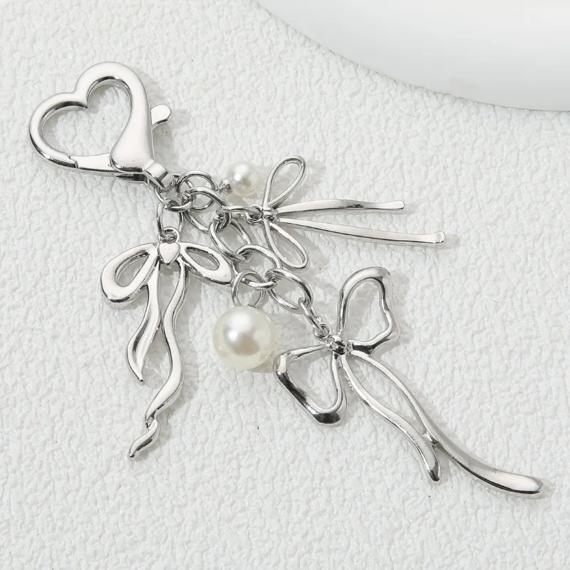 Y2K Pretty Butterfly Bow Knot Pearl Enamel Keychain Flying Insect Key Ring For Women Girls Handmade Jewelry Good Gift