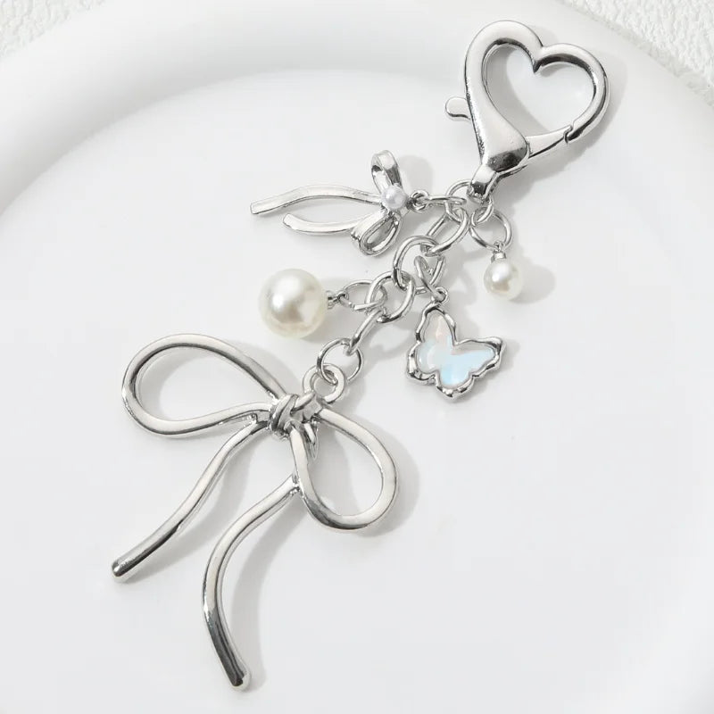 Y2K Pretty Butterfly Bow Knot Pearl Enamel Keychain Flying Insect Key Ring For Women Girls Handmade Jewelry Good Gift