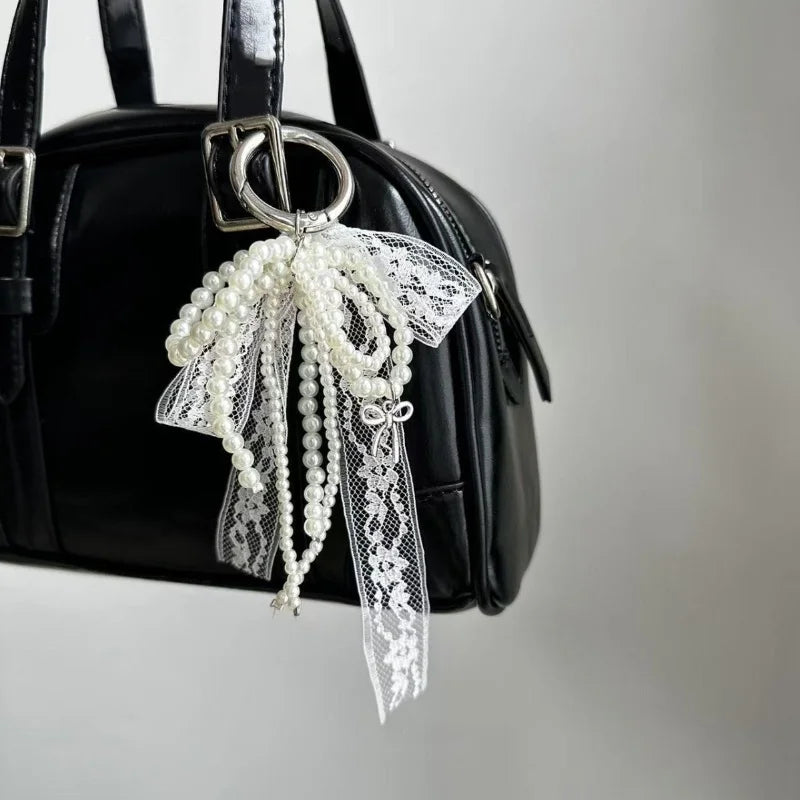 Imitation Pearls Lace Bowknot Keychain Sweet Beaded Pendant Keyring for Women Handbag and Backpack Key Chain Exquisite Ornament