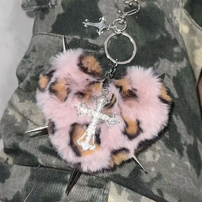 🎁 #Y2K Jewelry Pink Leopard Cross Heart Key Chain Bag Pendant Punk Grunge Rock 90s Aesthetic Fashion Goth Key Chain Accessories (100% off)