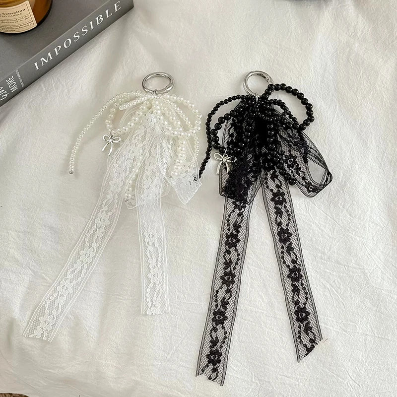 Imitation Pearls Lace Bowknot Keychain Sweet Beaded Pendant Keyring for Women Handbag and Backpack Key Chain Exquisite Ornament
