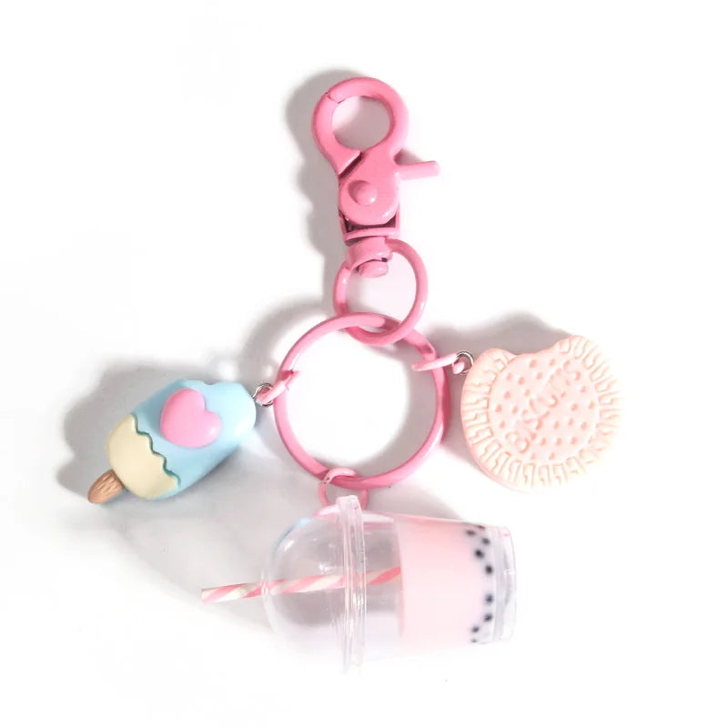 Cute  Keychains Ice-cream Bubble Tea Biscuit Pink Key Rings Friendship For Best Friend Women Girl Handbag Gift Jewelry