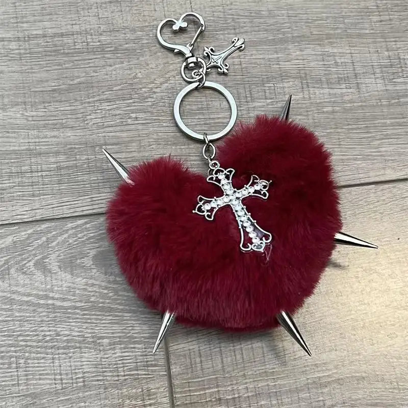 🎁 #Y2K Jewelry Pink Leopard Cross Heart Key Chain Bag Pendant Punk Grunge Rock 90s Aesthetic Fashion Goth Key Chain Accessories (100% off)