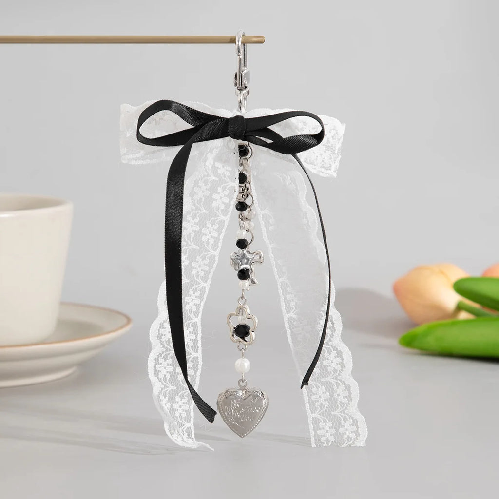 Goth Y2K Lace Leopard Bow Key Chain Heart Charm Pendant Kawaii Key Chain for Bag Accessory Women Trendy Tassel Chain Jewelry