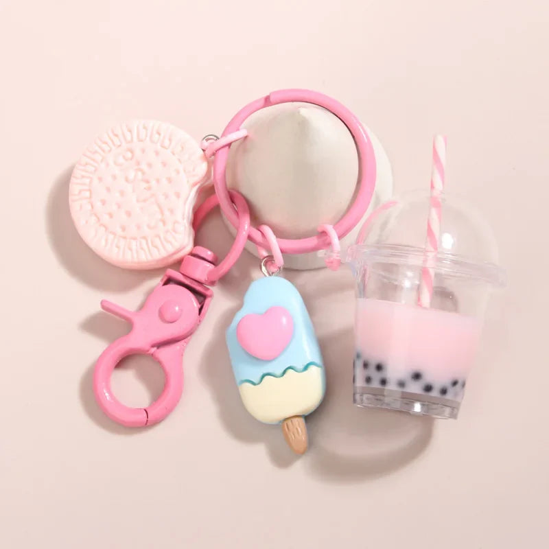 🎁 Cute  Keychains Ice-cream Bubble Tea Biscuit Pink Key Rings Friendship For Best Friend Women Girl Handbag Gift Jewelry (100% off)