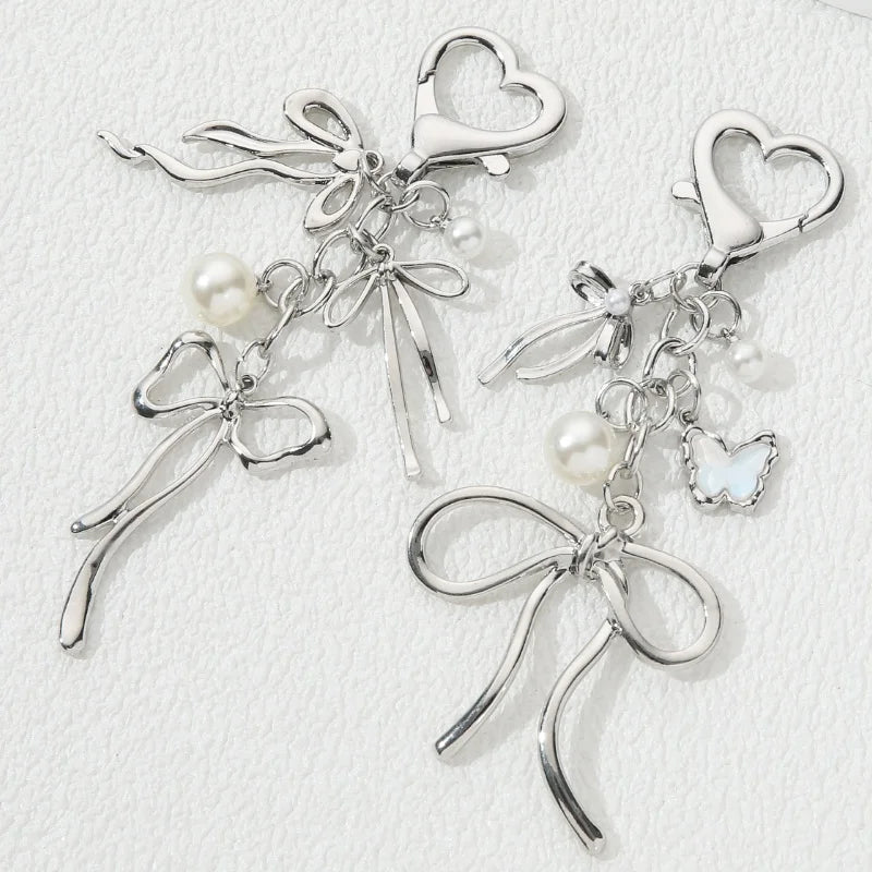 Y2K Pretty Butterfly Bow Knot Pearl Enamel Keychain Flying Insect Key Ring For Women Girls Handmade Jewelry Good Gift