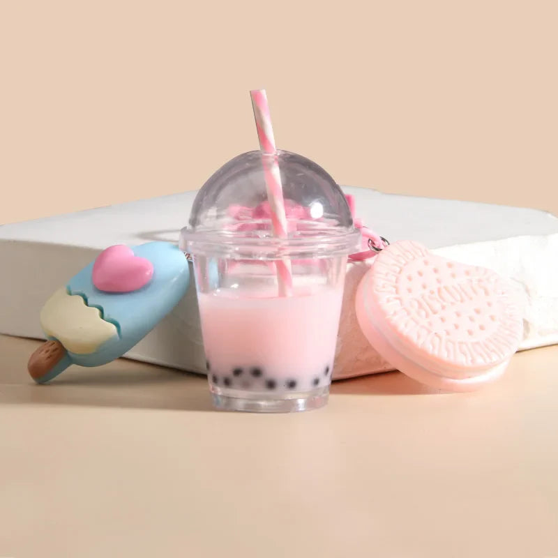 🎁 Cute  Keychains Ice-cream Bubble Tea Biscuit Pink Key Rings Friendship For Best Friend Women Girl Handbag Gift Jewelry (100% off)