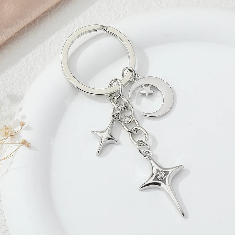 Y2K Keychains Star Moon Metal Key Rings For Women Men Friendship Gift Handbag Decoration Handmade Jewelry