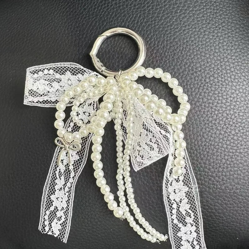 Imitation Pearls Lace Bowknot Keychain Sweet Beaded Pendant Keyring for Women Handbag and Backpack Key Chain Exquisite Ornament