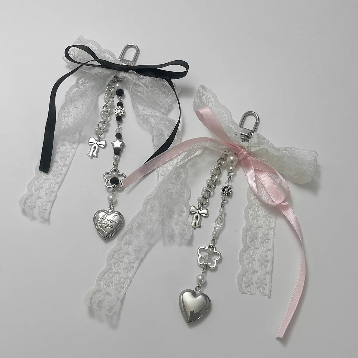 Goth Y2K Lace Leopard Bow Key Chain Heart Charm Pendant Kawaii Key Chain for Bag Accessory Women Trendy Tassel Chain Jewelry