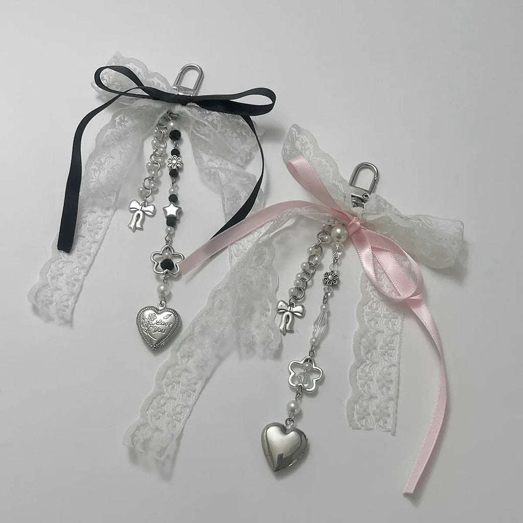 🎁 Goth Y2K Lace Leopard Bow Key Chain Heart Charm Pendant Kawaii Key Chain for Bag Accessory Women Trendy Tassel Chain Jewelry (100% off)