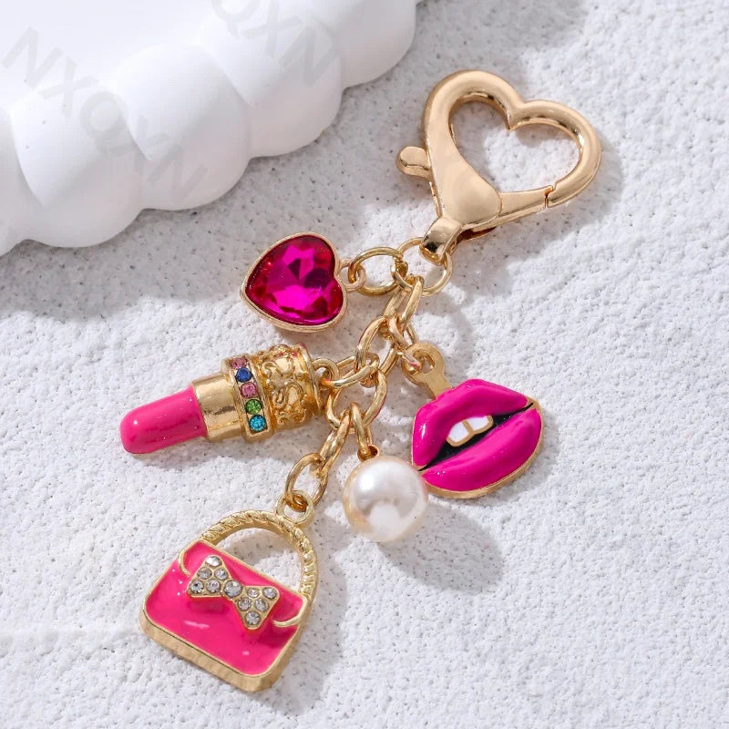 Pretty Rose Red Bag Lips Flamingos Lipstick Enamel Keychain Lovely Heart Animals Key Ring For Women Girls Handmade Jewelry Set