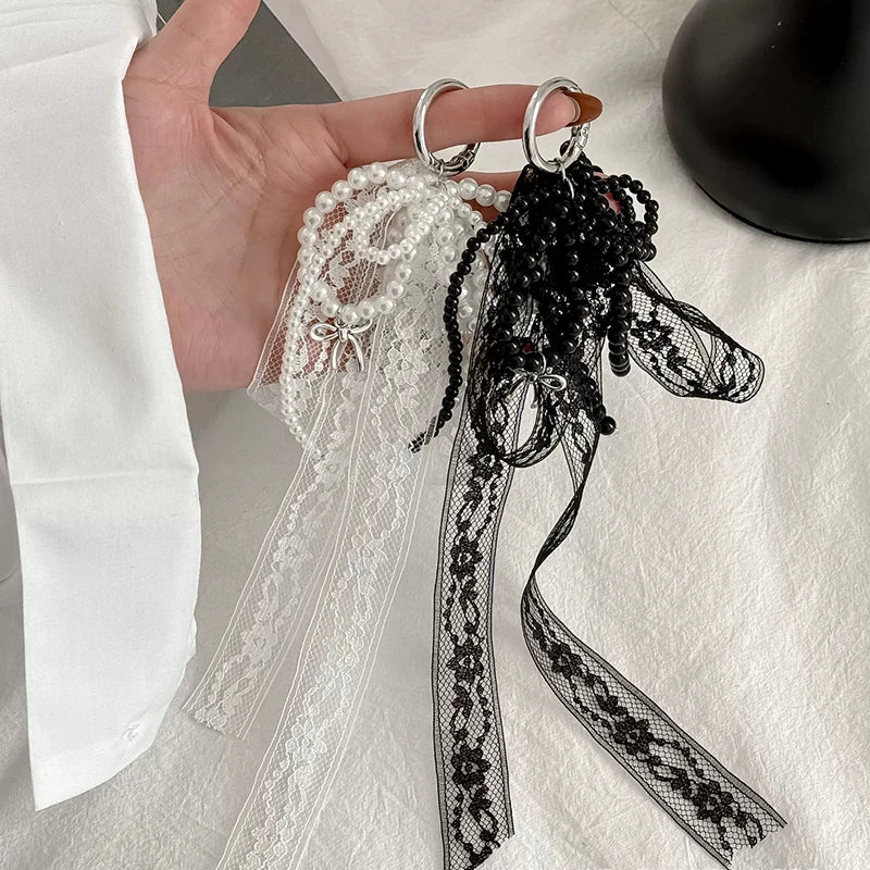 Imitation Pearls Lace Bowknot Keychain Sweet Beaded Pendant Keyring for Women Handbag and Backpack Key Chain Exquisite Ornament