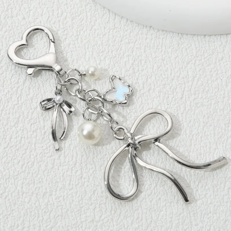 Y2K Pretty Butterfly Bow Knot Pearl Enamel Keychain Flying Insect Key Ring For Women Girls Handmade Jewelry Good Gift