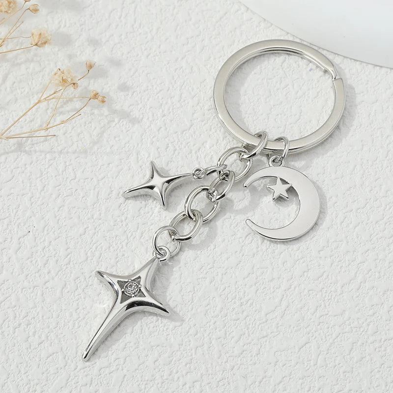 Y2K Keychains Star Moon Metal Key Rings For Women Men Friendship Gift Handbag Decoration Handmade Jewelry