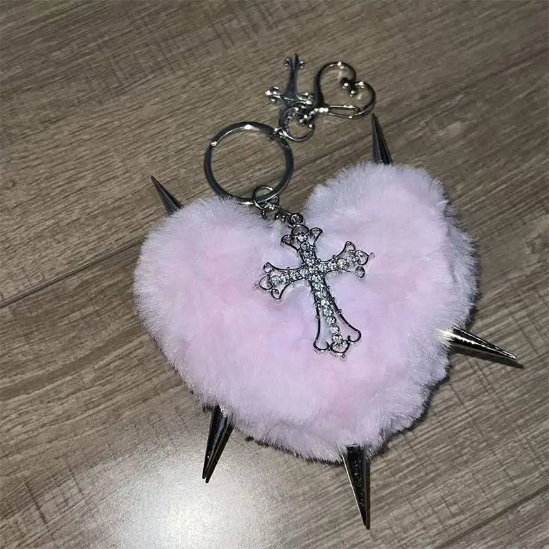 🎁 #Y2K Jewelry Pink Leopard Cross Heart Key Chain Bag Pendant Punk Grunge Rock 90s Aesthetic Fashion Goth Key Chain Accessories (100% off)