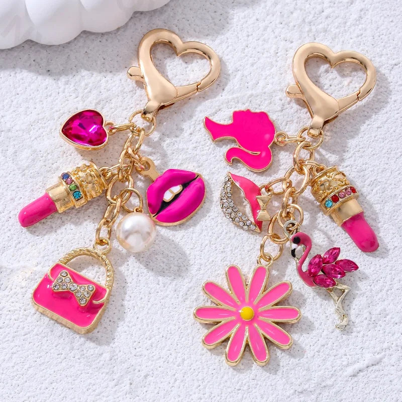 🎁 Pretty Rose Red Bag Lips Flamingos Lipstick Enamel Keychain Lovely Heart Animals Key Ring For Women Girls Handmade Jewelry Set (100% off)