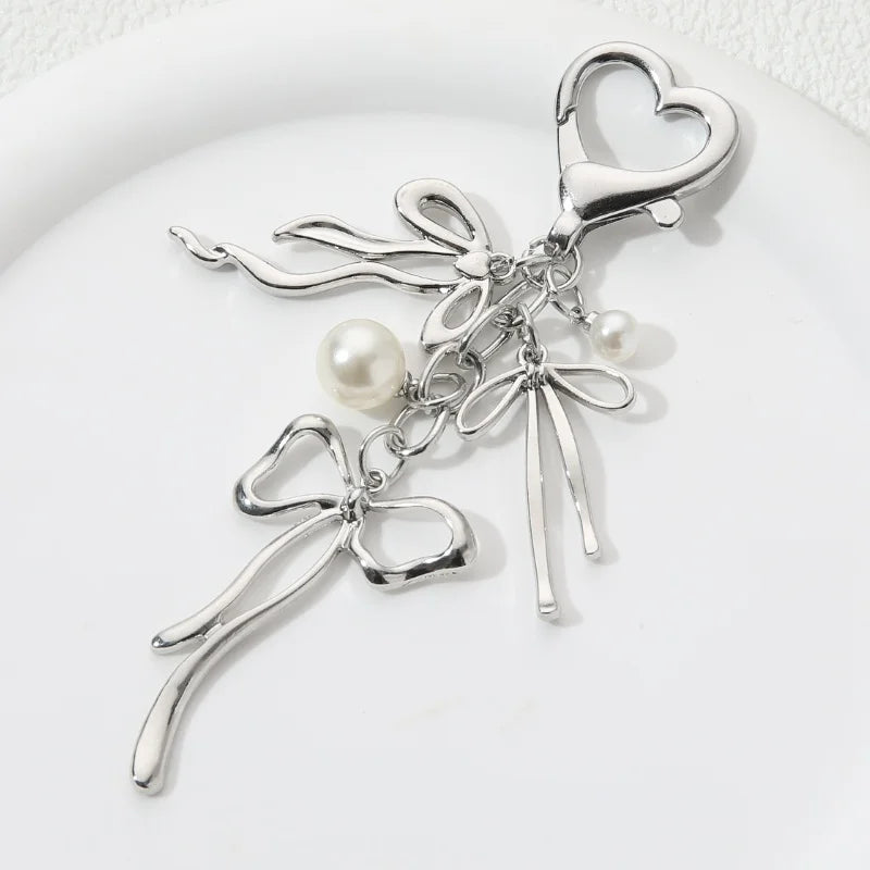 Y2K Pretty Butterfly Bow Knot Pearl Enamel Keychain Flying Insect Key Ring For Women Girls Handmade Jewelry Good Gift