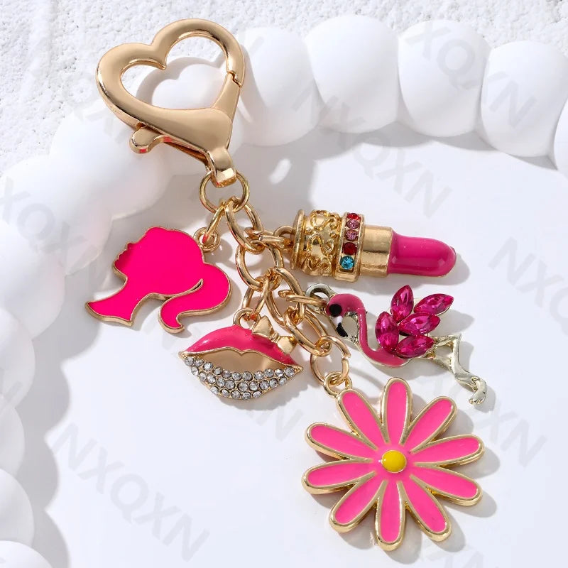 🎁 Pretty Rose Red Bag Lips Flamingos Lipstick Enamel Keychain Lovely Heart Animals Key Ring For Women Girls Handmade Jewelry Set (100% off)