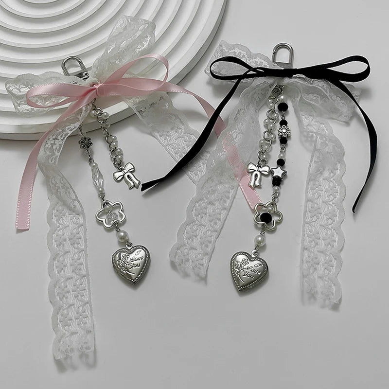Goth Y2K Lace Leopard Bow Key Chain Heart Charm Pendant Kawaii Key Chain for Bag Accessory Women Trendy Tassel Chain Jewelry